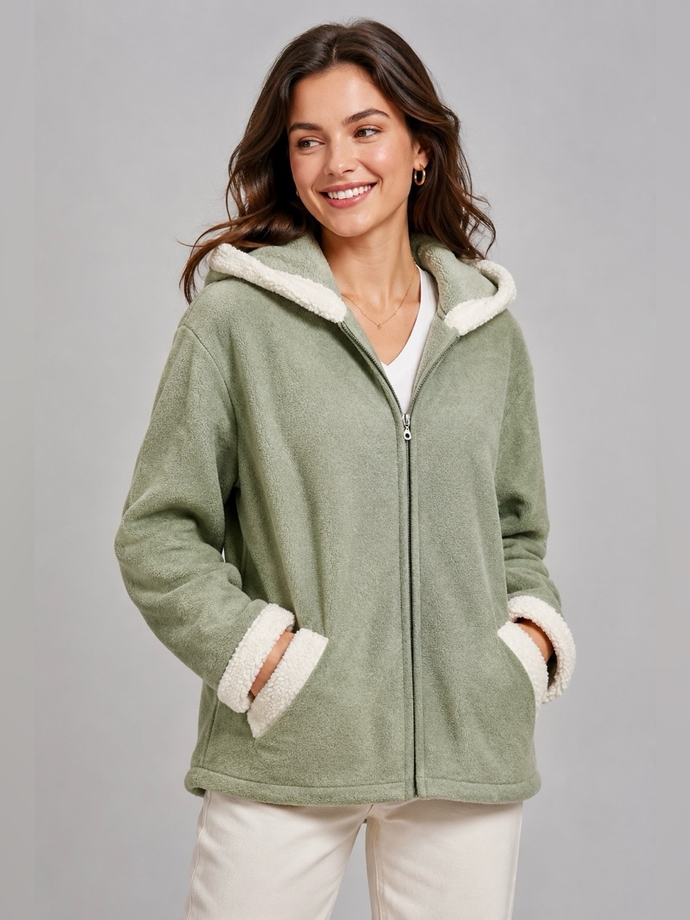 Denim & Co. Zip Front Fleece Jacket with Hood and Sherpa Lining Size L